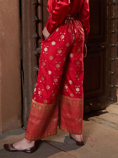 Women's Red Brocade Jacquard Palazzos