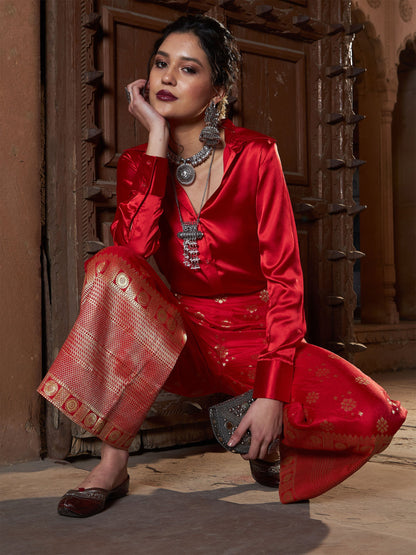 Women's Red Brocade Jacquard Palazzos