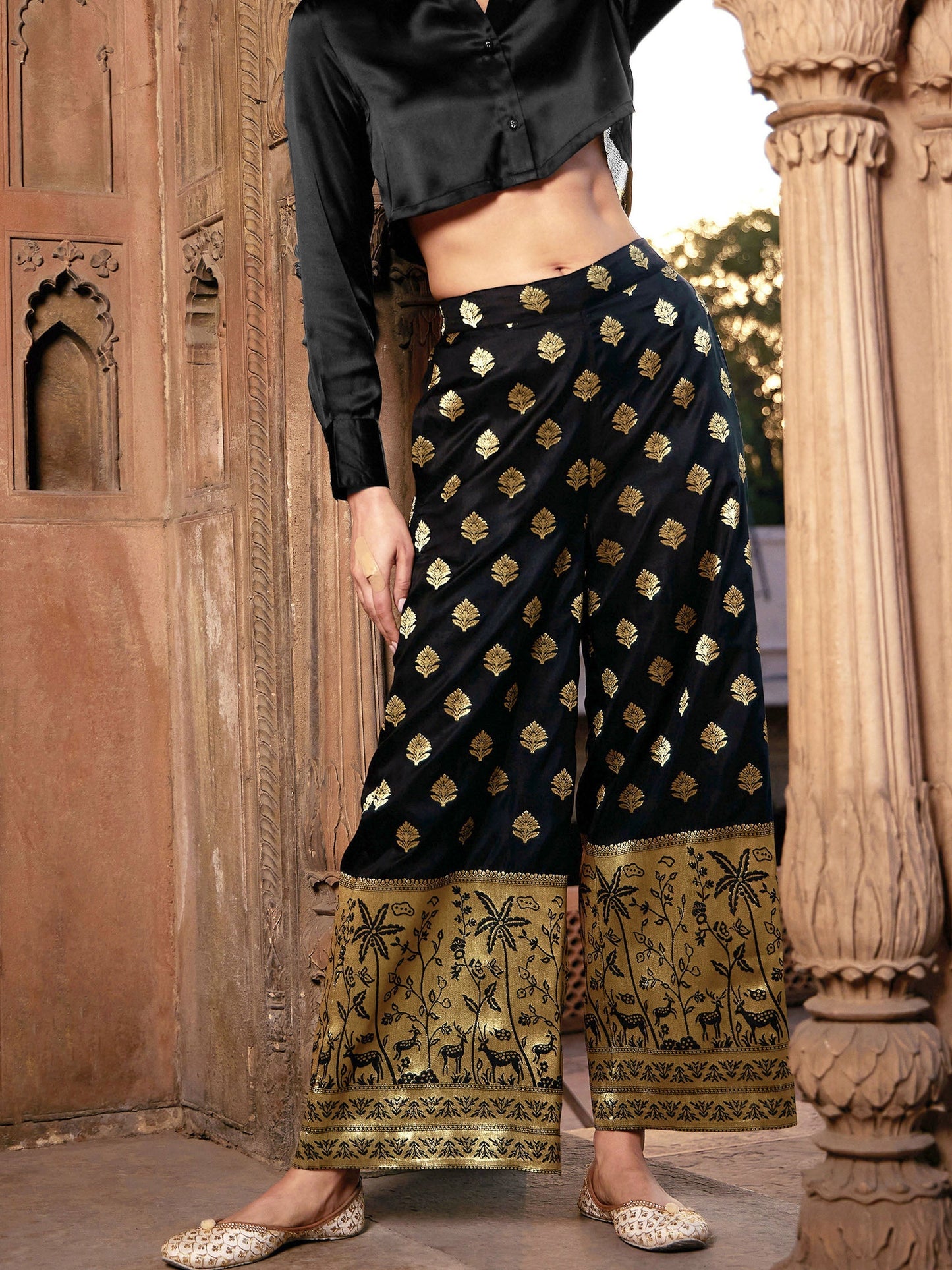 Women's Black Brocade Jacquard Palazzos