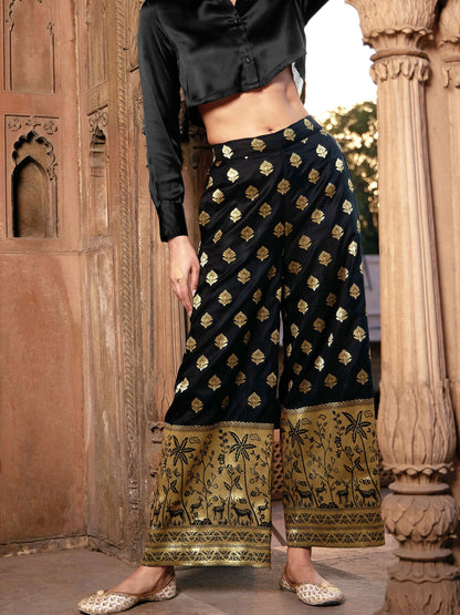 Women's Black Brocade Jacquard Palazzos