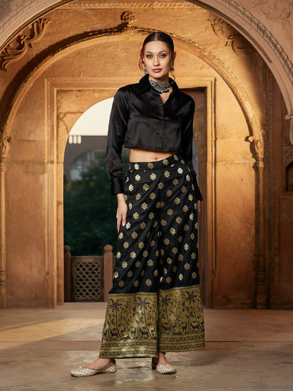 Women's Black Brocade Jacquard Palazzos