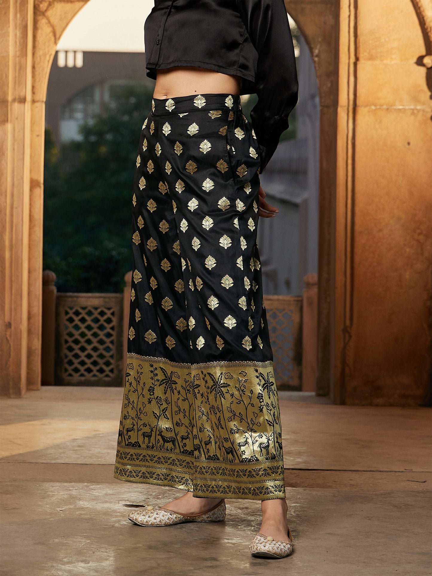 Women's Black Brocade Jacquard Palazzos
