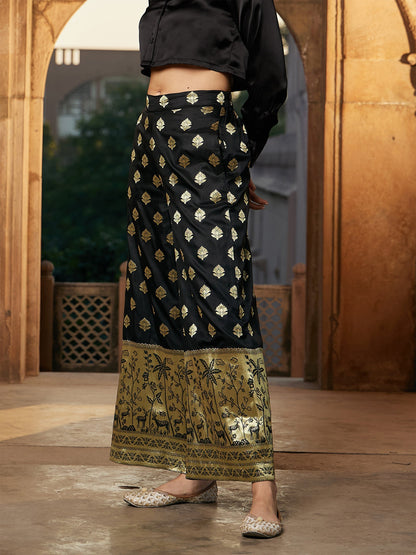 Women's Black Brocade Jacquard Palazzos
