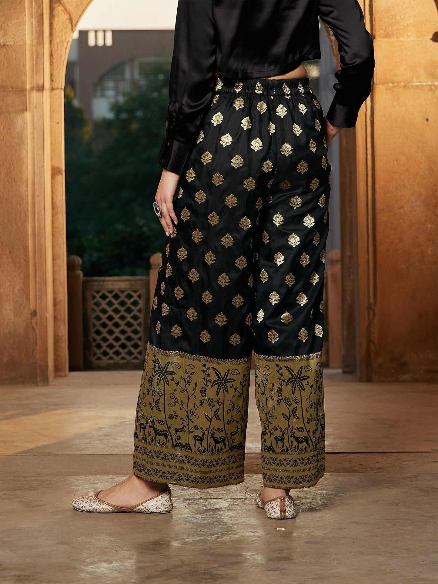 Women's Black Brocade Jacquard Palazzos
