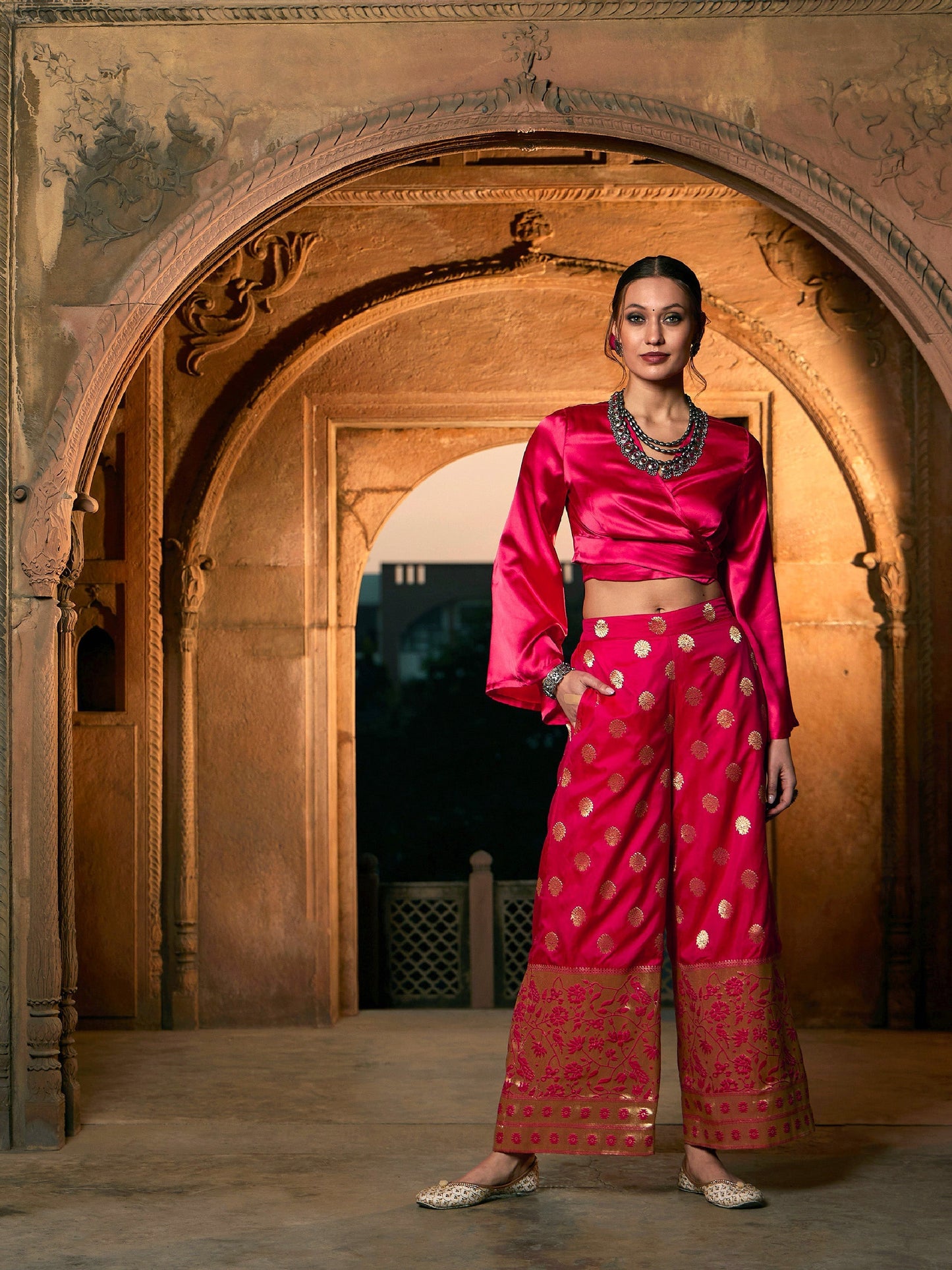 Women's Fuchsia Brocade Jacquard Palazzos