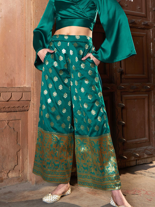Women's Teal Brocade Jacquard Palazzos
