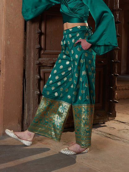 Women's Teal Brocade Jacquard Palazzos