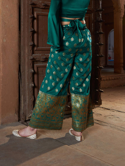 Women's Teal Brocade Jacquard Palazzos