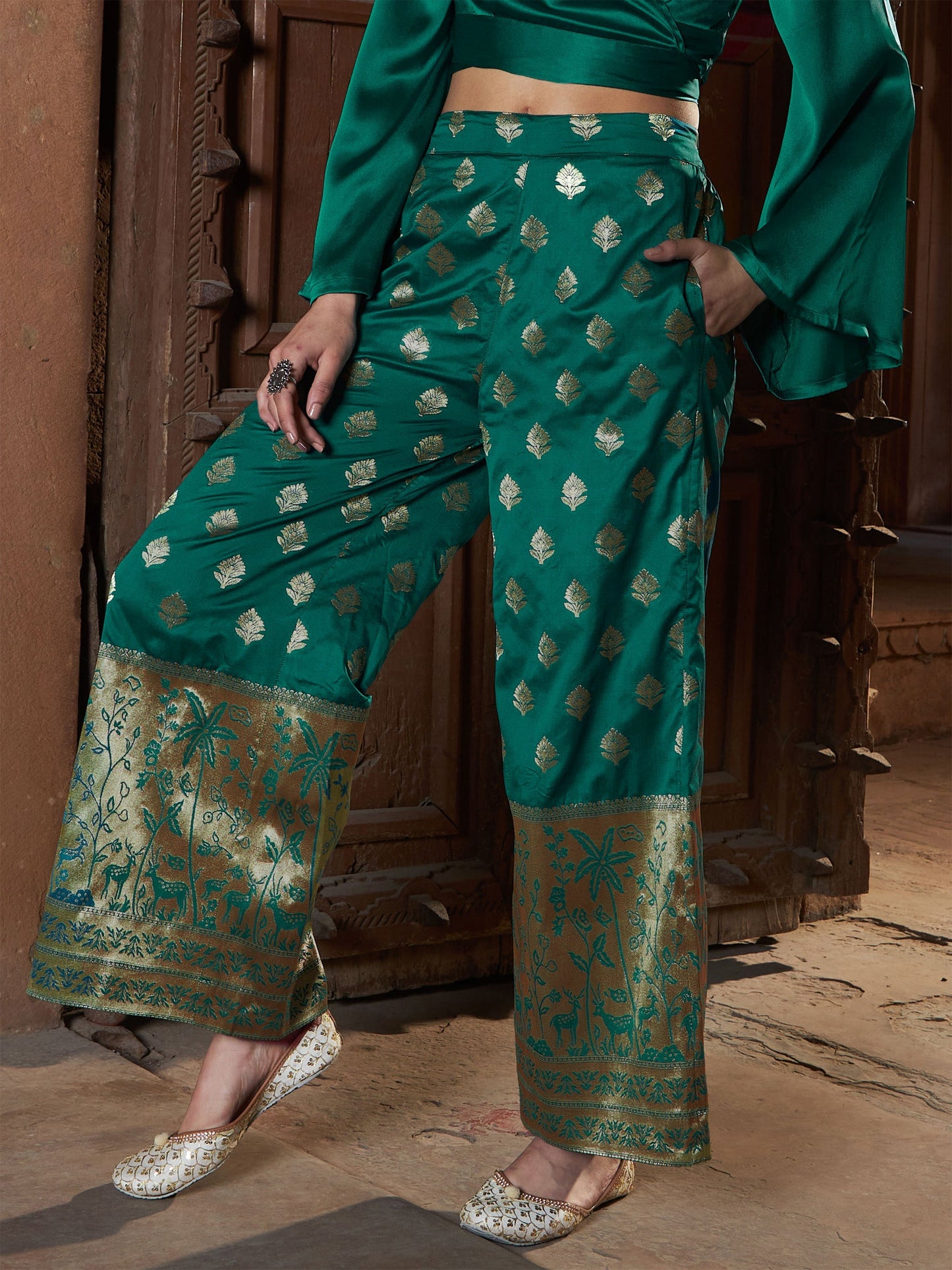 Women's Teal Brocade Jacquard Palazzos