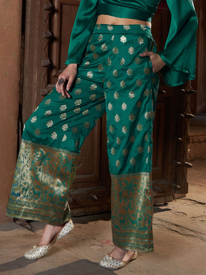Women's Teal Brocade Jacquard Palazzos