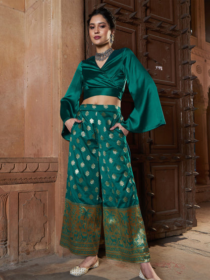Women's Teal Brocade Jacquard Palazzos