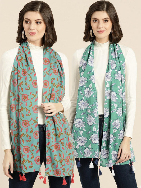 Women's Sea Green Floral & Teal Floral Scarf (Set Of 2)