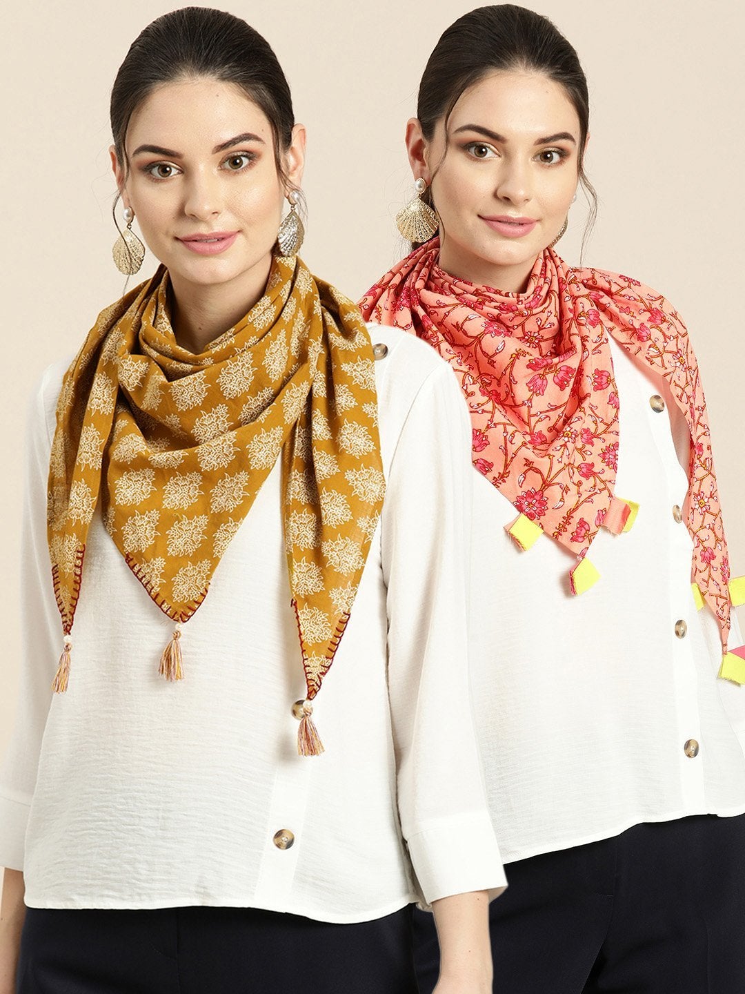 Women's Peach Floral & Mustard Floral Scarf (Set Of 2)