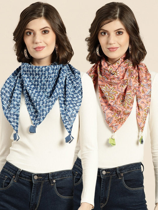 Women's Pink Floral & Blue Geo Scarf (Set Of 2)