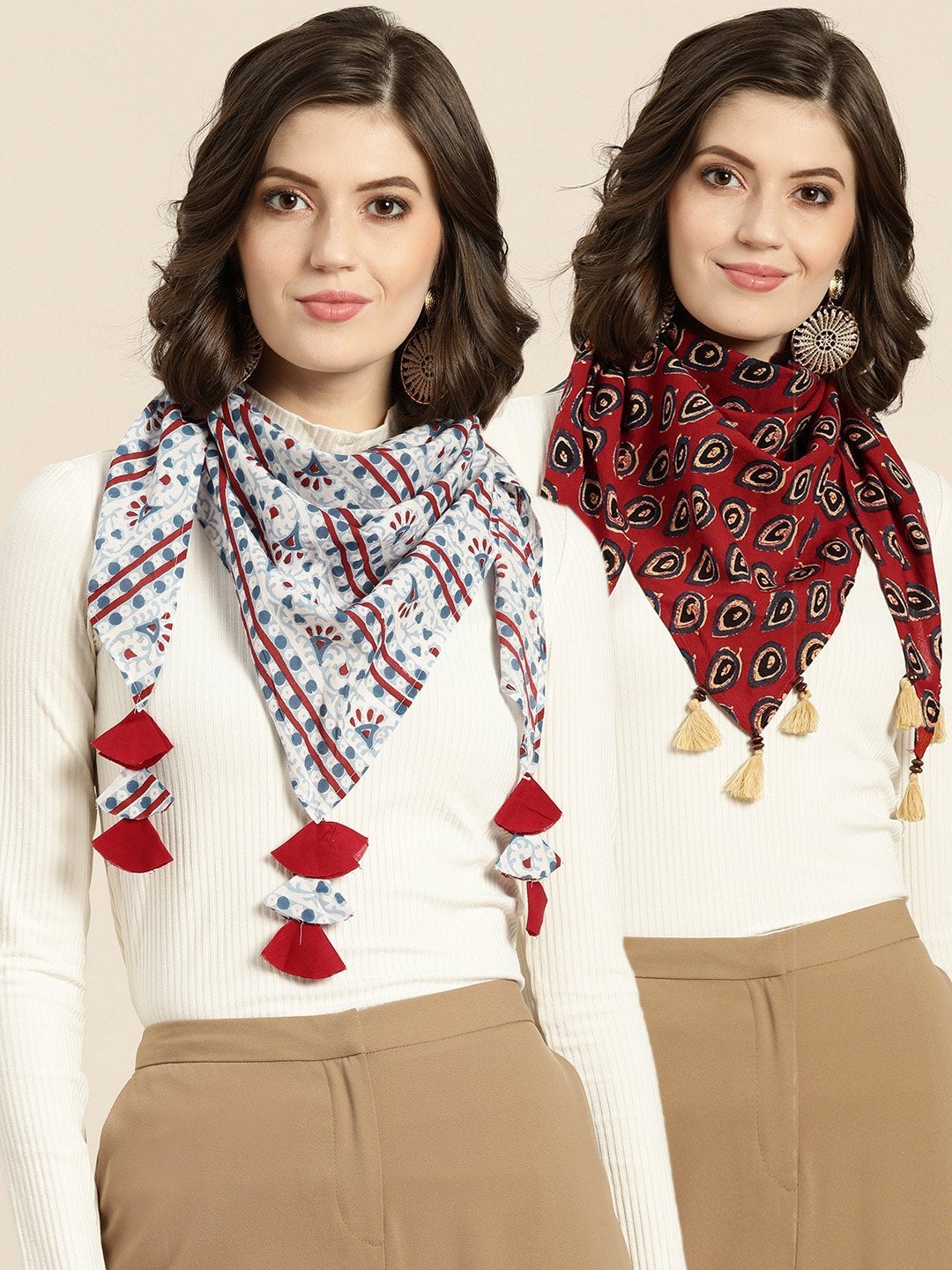 Women's Blue Floral & Rust Geo Scarf (Set Of 2)