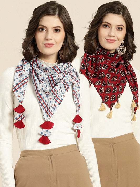 Women's Blue Floral & Rust Geo Scarf (Set Of 2)