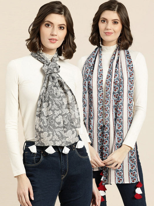 Women's White Floral & Grey Floral Scarf (Set Of 2)