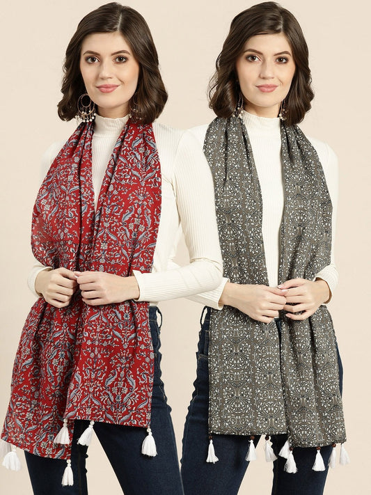Women's Grey Floral & Red Floral Scarf (Set Of 2)