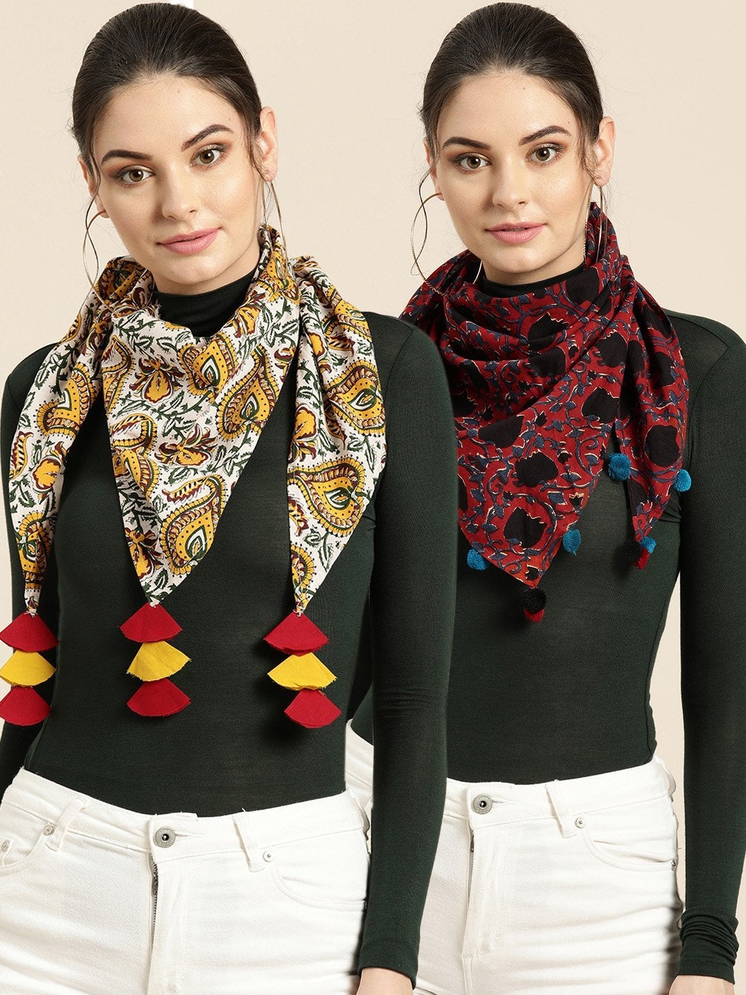 Women's Maroon Floral & White Red Floral Scarf (Set Of 2)