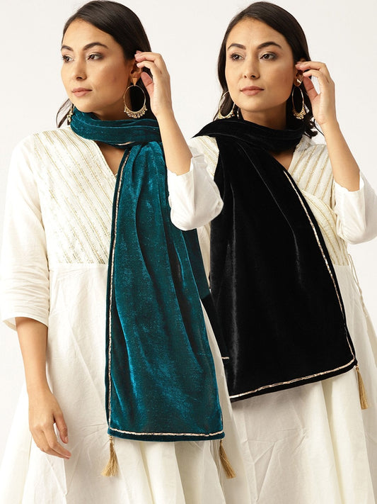 Women's Black Velvet Scarf & Green Velvet Scarf (Set Of 2)