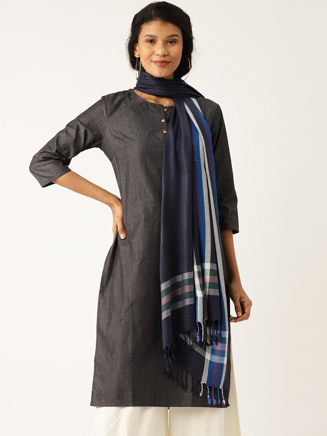 Women's Navy Viscose Border Stole