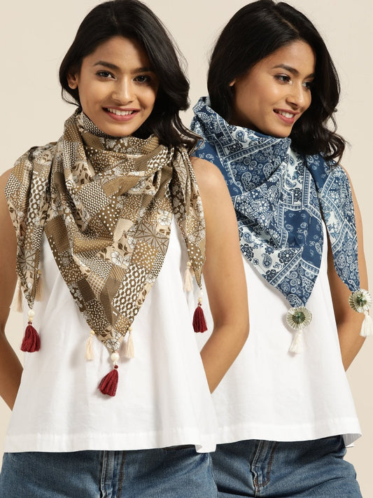 Women's Brown Floral Scarf & Navy Floral Scarf (Set