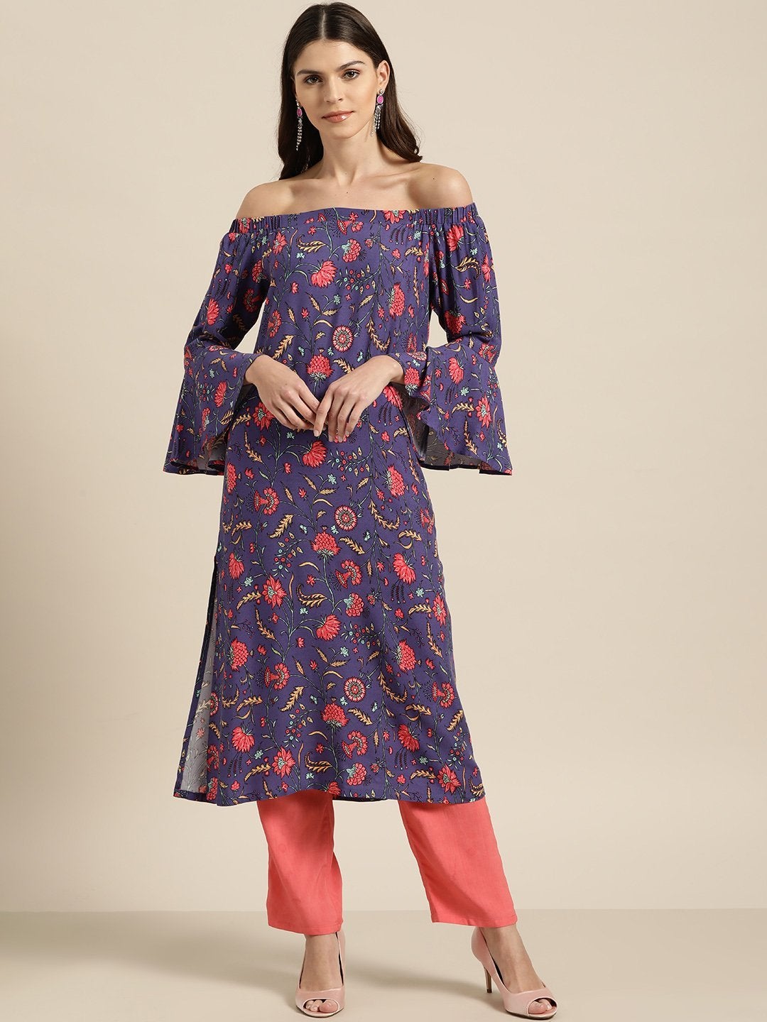 Women's Purple Floral Off Shoulder Kurta With Red