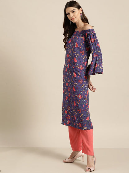 Women's Purple Floral Off Shoulder Kurta With Red