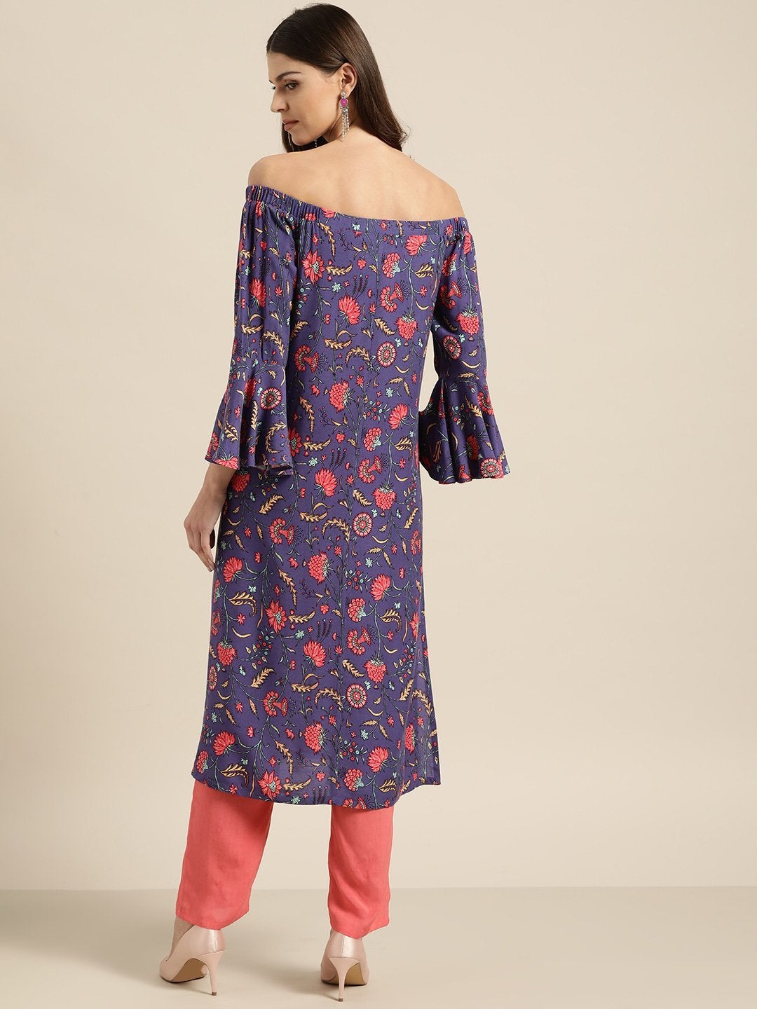 Women's Purple Floral Off Shoulder Kurta With Red