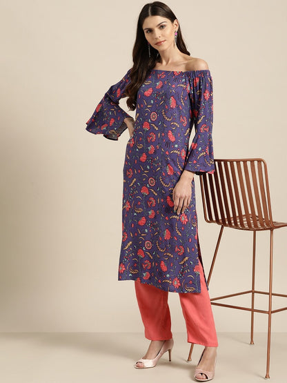 Women's Purple Floral Off Shoulder Kurta With Red