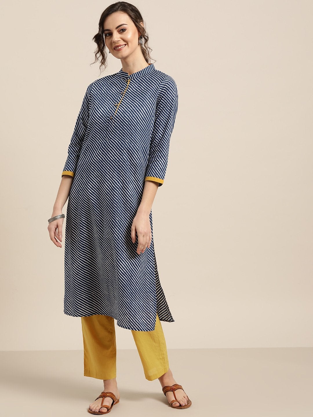 Women's Blue Striped Kurta With Mustard