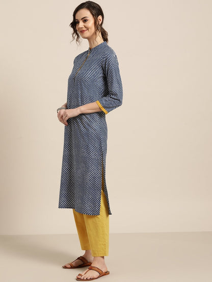Women's Blue Striped Kurta With Mustard