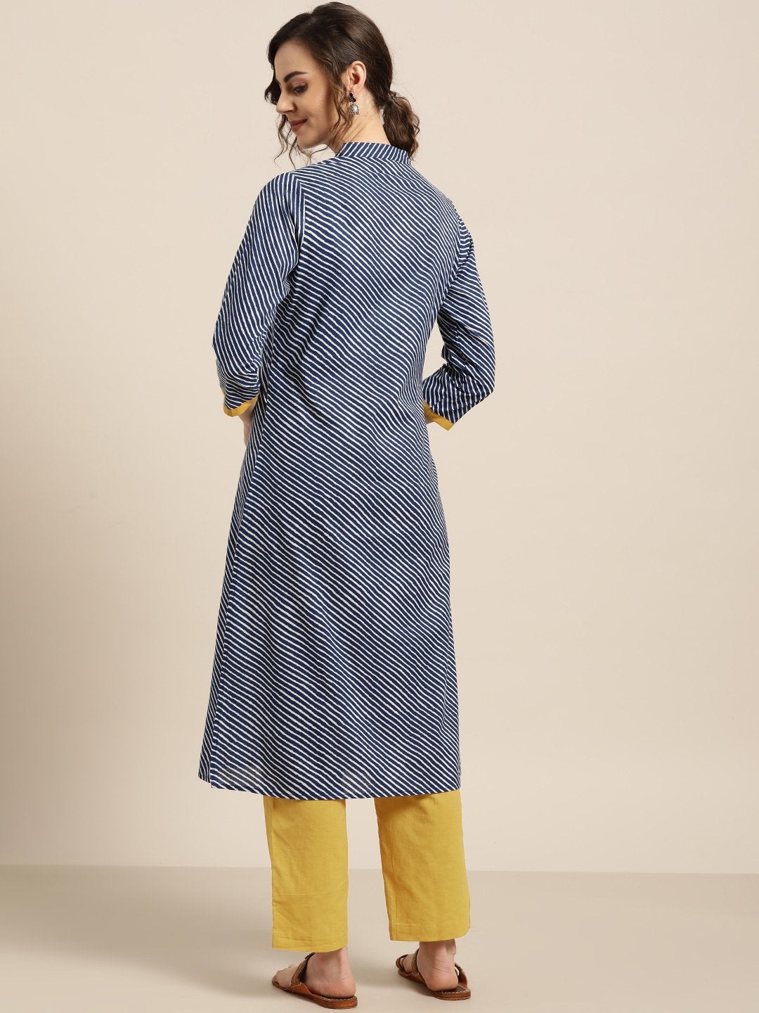 Women's Blue Striped Kurta With Mustard