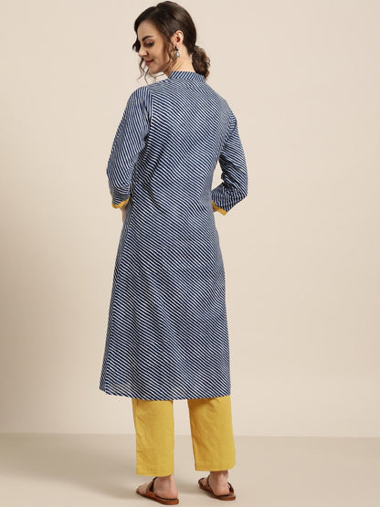 Women's Blue Striped Kurta With Mustard