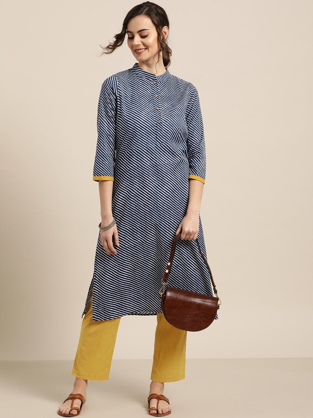 Women's Blue Striped Kurta With Mustard