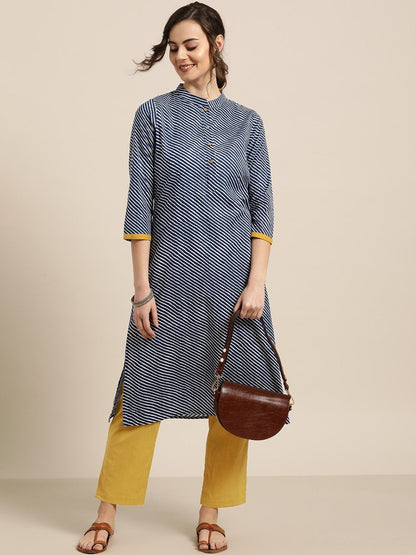 Women's Blue Striped Kurta With Mustard