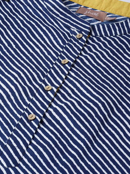 Women's Blue Striped Kurta With Mustard
