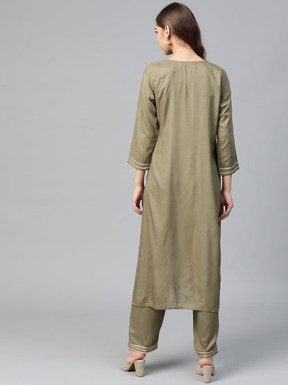 Women's Olive Lace Zari Embroidery Kurta With Olive
