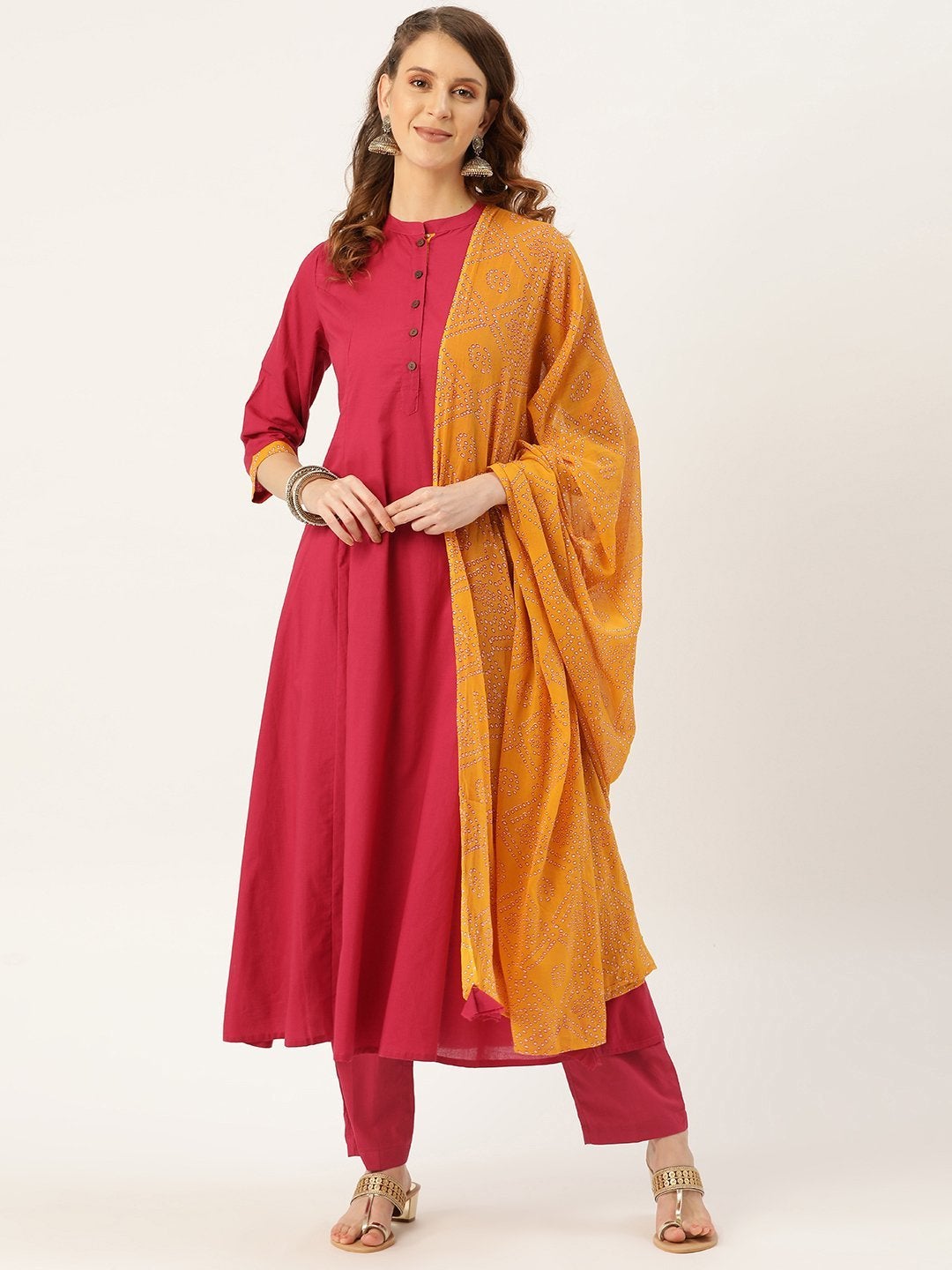 Women's Magenta Kurta Pants & Mustard Bandhej Du
