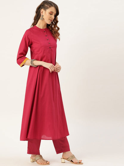 Women's Magenta Kurta Pants & Mustard Bandhej Du