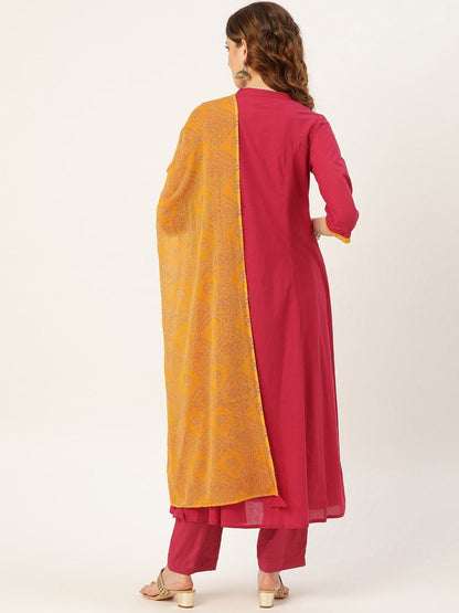 Women's Magenta Kurta Pants & Mustard Bandhej Du