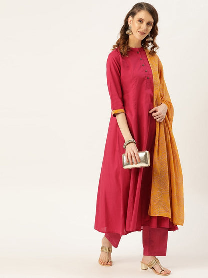 Women's Magenta Kurta Pants & Mustard Bandhej Du