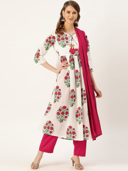 Women's Magenta Floral Kurta With Pants & Magenta Crinkled Du