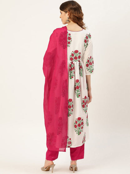 Women's Magenta Floral Kurta With Pants & Magenta Crinkled Du
