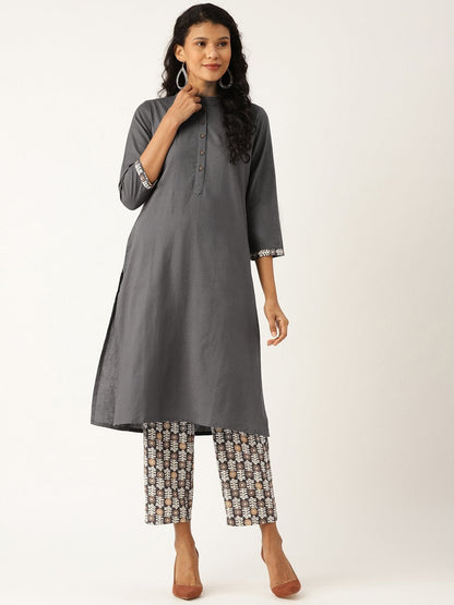 Women's Grey Floral Straight Kurta With