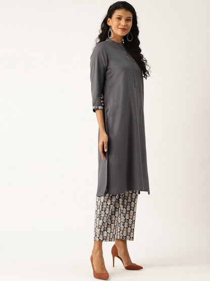 Women's Grey Floral Straight Kurta With