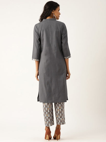 Women's Grey Floral Straight Kurta With