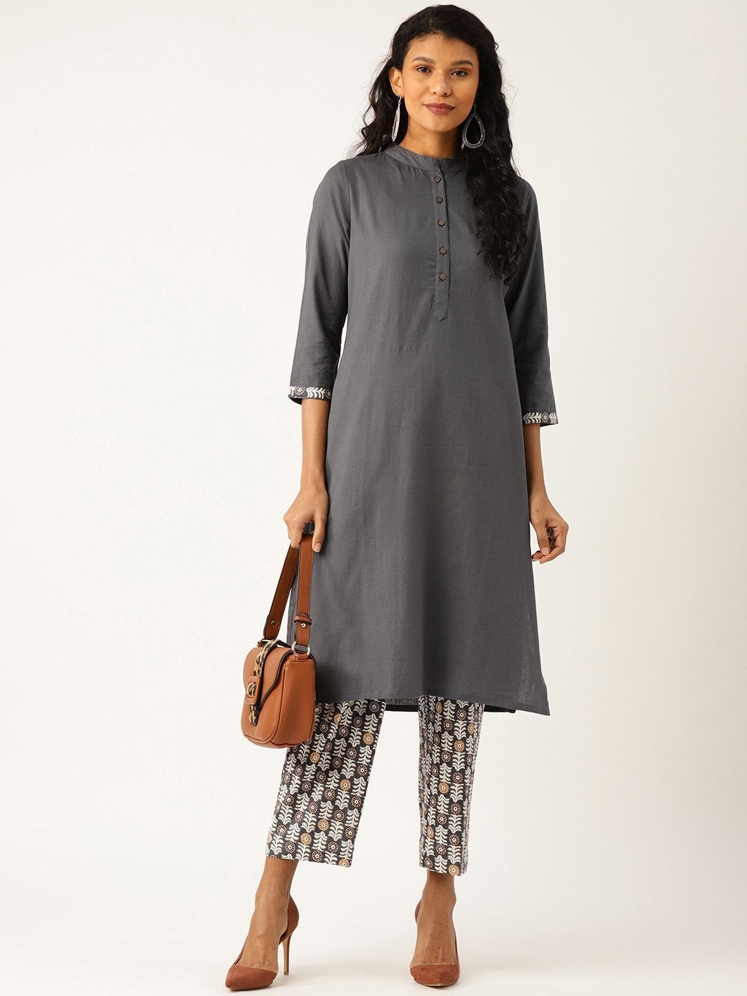 Women's Grey Floral Straight Kurta With