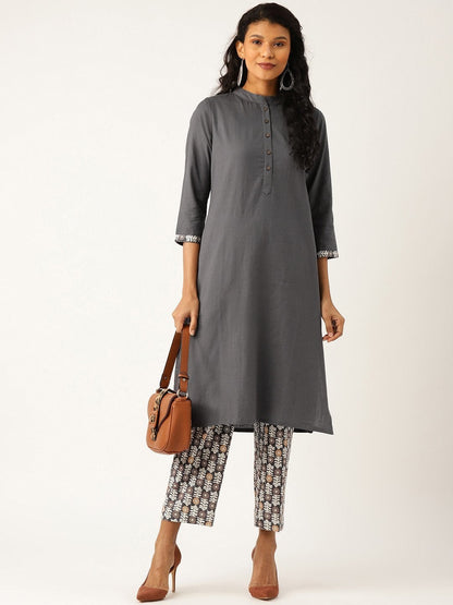 Women's Grey Floral Straight Kurta With