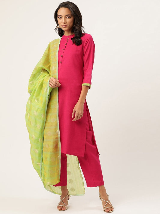 Women's Fuchsia Kurta With Pants & Green Chanderi Jacquard Du